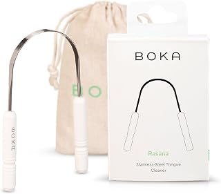 Boka Stainless Steel Tongue Scraper with Travel Pouch 1Pack | Removes tongue buildup and freshens breath, includes linen travel pouch and case, safe for adults and kids.