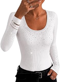 CHICME Women's Ribbed Knit Top with Rhinestone U Neck