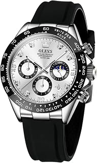 OLEVS Men Analog Quartz Waterproof Watches Multifunction Chronograph Diamond Moon Phase Luminous Silicone Band Wrist Watches