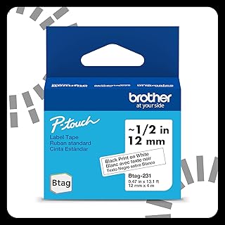 Brother p-Touch 12mm Label Maker Tape Genuine Btag-231 P-Touch Label Tape for P-Touch PT-N10, PT-N20 and PT-N25BT, Btag Series, Non-Laminated, Black on White