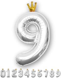 La Kissa Number Balloons, Birthday Decoration, Balloons, with Crown, 40 inches, Large, Includes Straw, Number Balloons, Approx. 90cm (35.4 inches), Anniversary (Crown, Silver, 9)