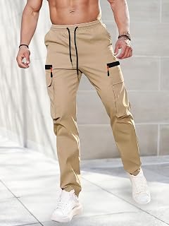 Mens Cargo Pants Elastic Waist Drawstring Casual Pants Hiking Climbing Fishing Pants with Pockets