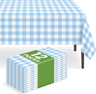 12 Pack Blue and White Checkered Plastic Tablecloths for Parties, Camping, Birthday Party, Picnic, Baby Shower, 54 x 108 mm