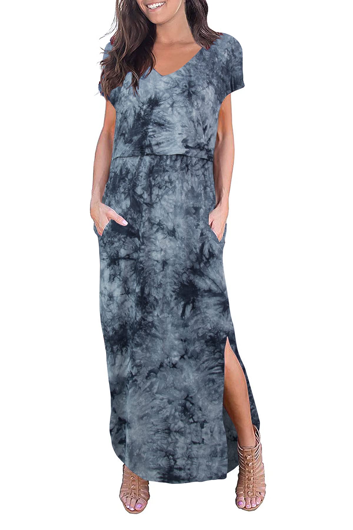 Smallshow - Postpartum Nursing Gowns Long Breastfeeding Slit Maxi Dress S