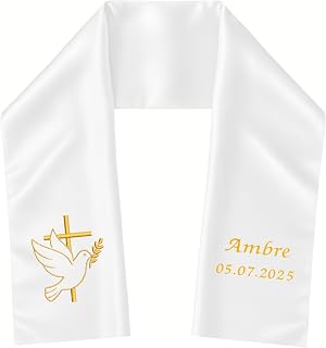 Baby/Child Christening Stole Personalised First Name Date – White Satin Embroidery Handmade 85 x 15 cm – Religious Ceremony – Girl Gift