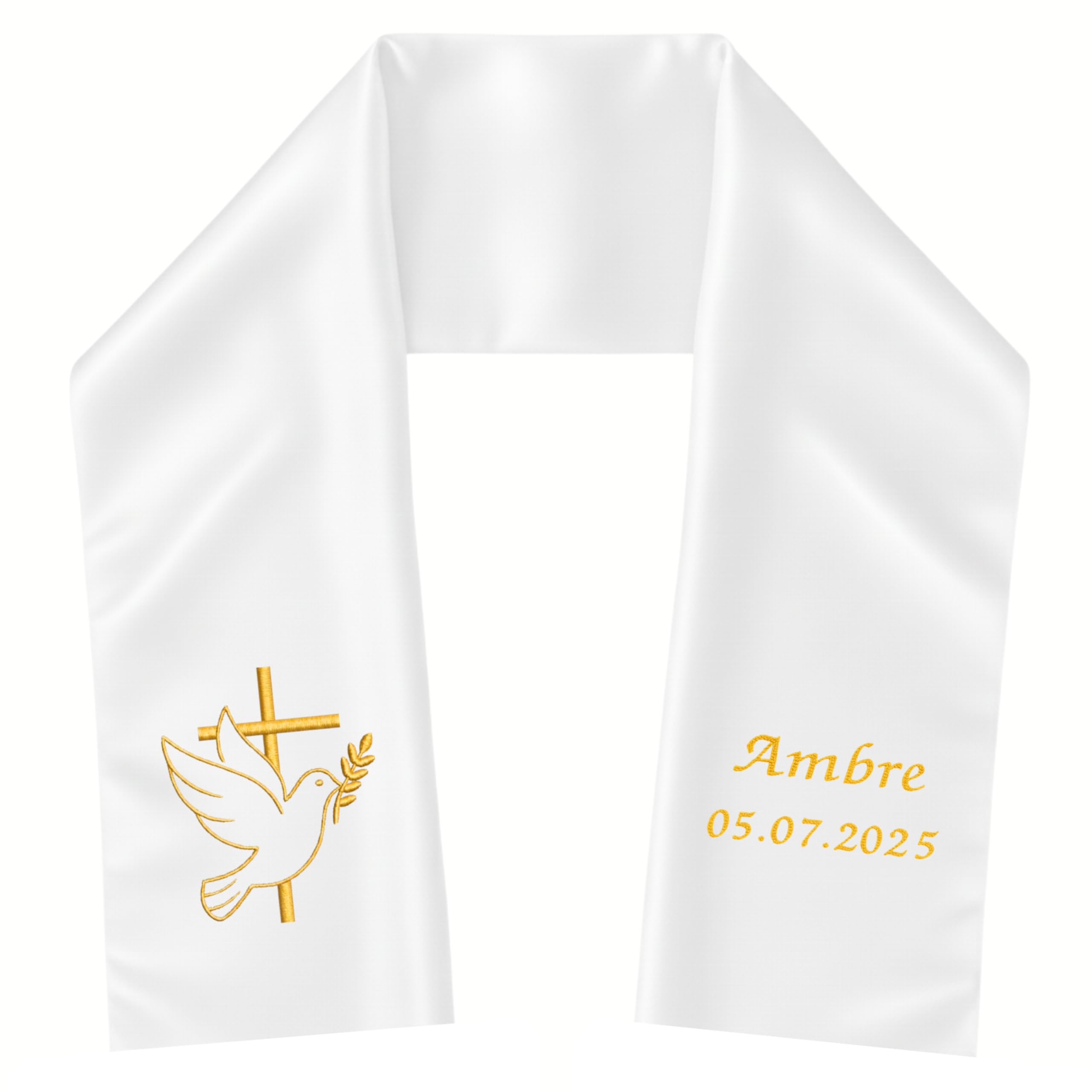 Baby/Child Christening Stole Personalised First Name Date – White Satin Embroide