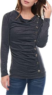 Allegra K Women's Cowl Neck Top Long Sleeve Button Decor Tuinc Ruched Top