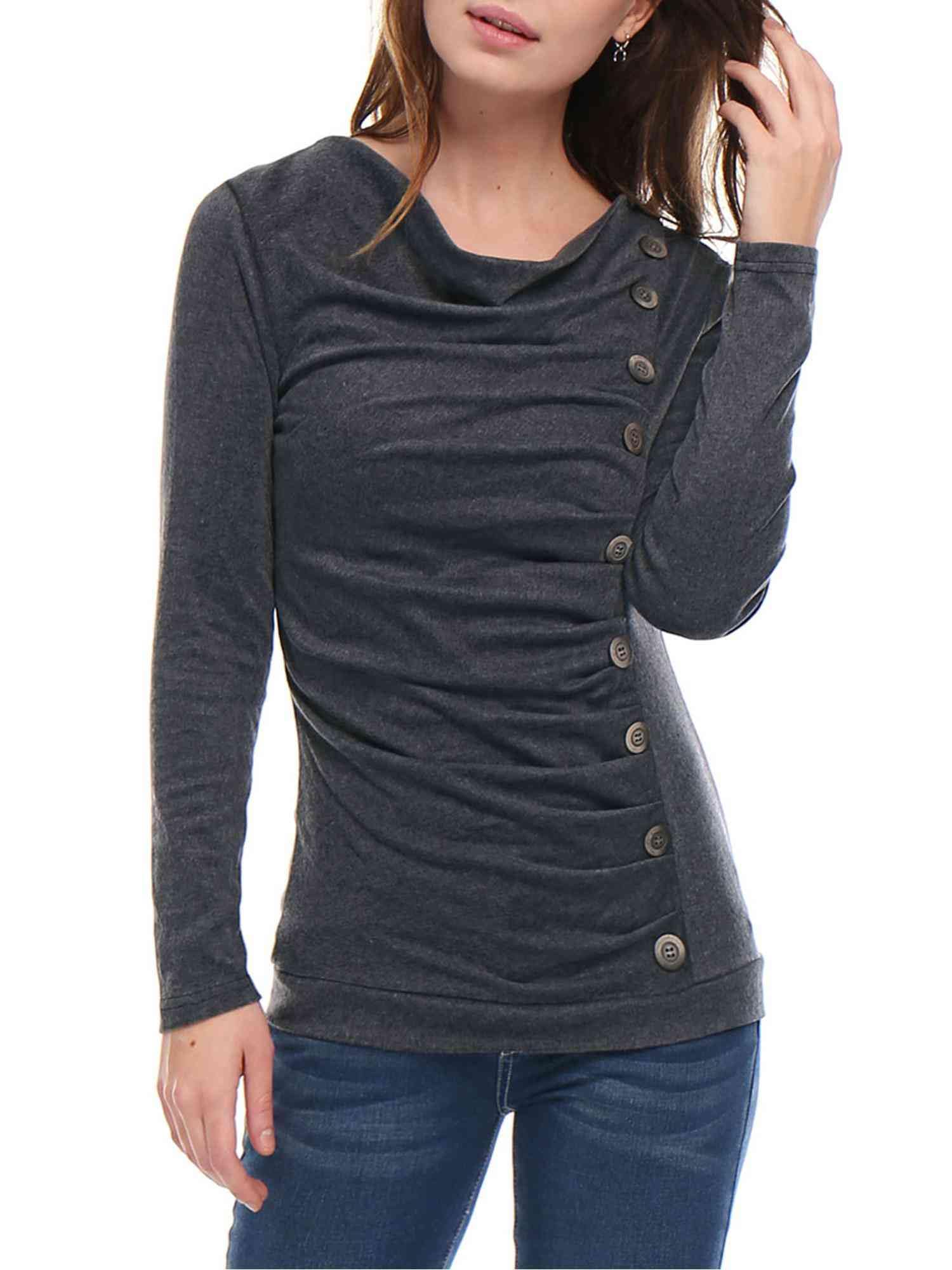 Allegra K Women's Cowl Neck Top Long Sleeve Button Decor Tuinc Ruched Top