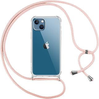 Pnakqil Cover per iPhone 14/iPhone 13 con Cordino, Trasparente Custodia con Laccio Tracolla Cellulare Girocollo Collana Protettiva per iPhone 13 6.1", Rosa