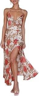 Fashionme Women's Floral Satin Midi Dress with Tie Front, Backless Split, Spaghetti Straps, Summer Casual, Dark Green