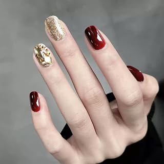 Short Square Press On Nails for Women Reusable Set with Cat Eye Matte Glossy Rhinestone and Ombre Designs Easy Stick On Nail Art Tips for Daily Wear (Yellow Red)