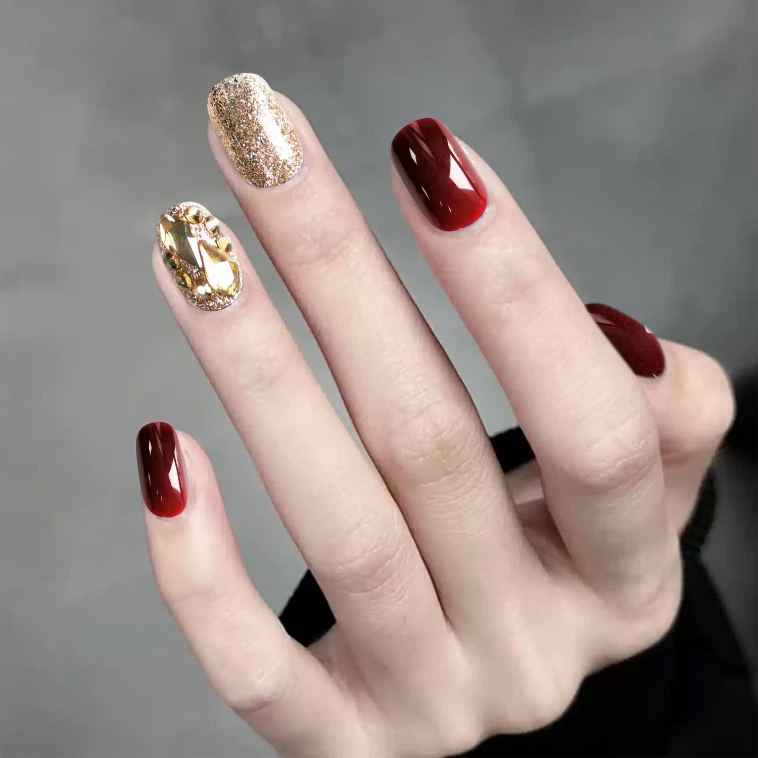Short Square Press On Nails for Women Reusable Set with Cat Eye Matte Glossy Rhi