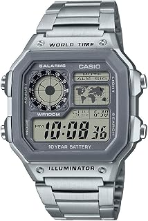 Casio AE1200WH Series | Men’s Digital Watch | 100M WR | Multi Alarms | 100 SEC Stopwatch | Countdown Timer | World Map for World Time | LED Light | LC Analog Display | 10 Year Battery