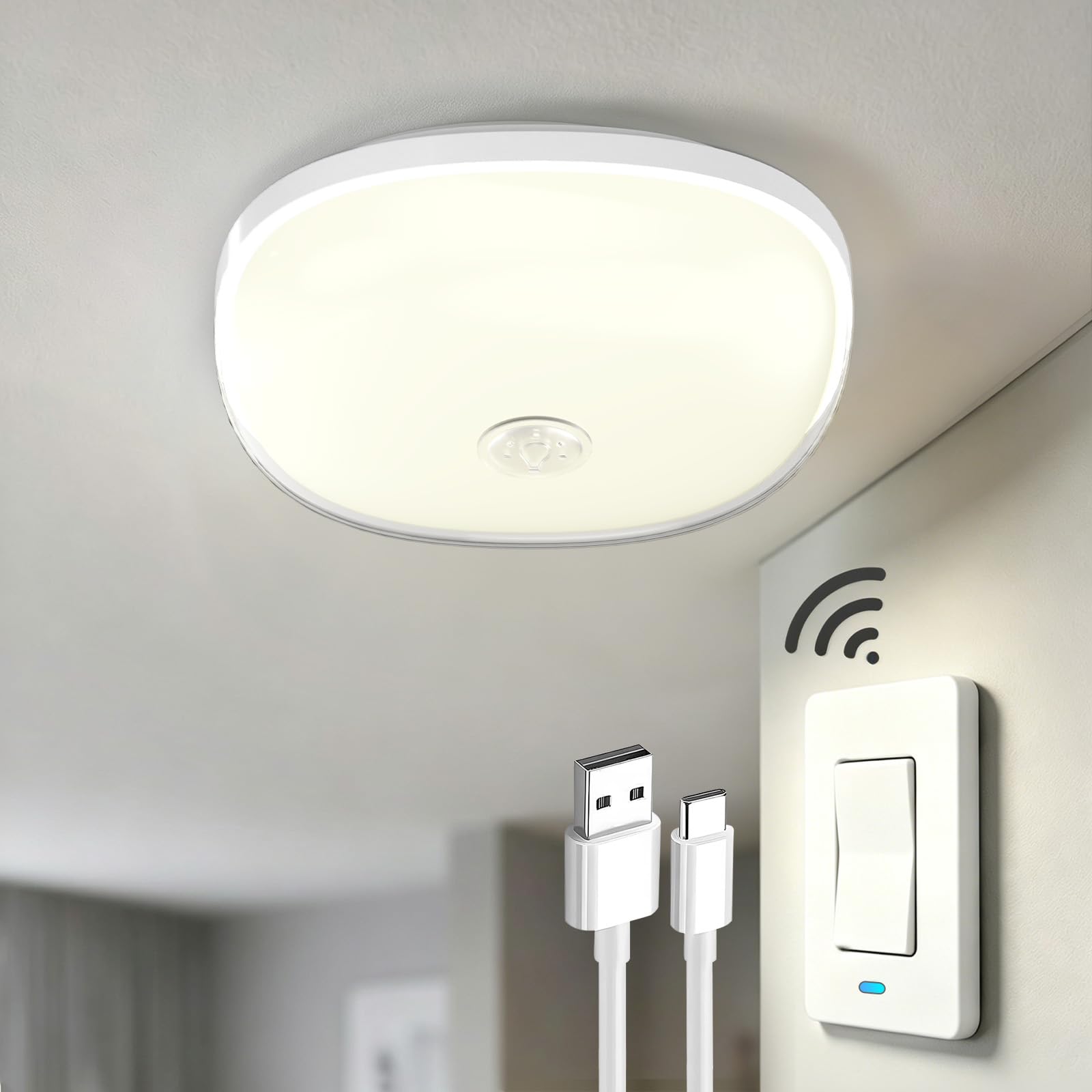 Rechargeable Ceiling Lights with Switch, Battery Operated Bathroom Lights | No M