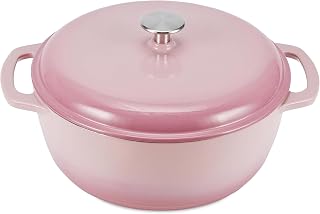 Amazon Basics Enameled Cast Iron Dutch Oven Pot With Lid, 6-Quart, Round, Dual Handles, Heavy-Duty, Oven Safe for Stews, Roasting & Baking, Light Pink