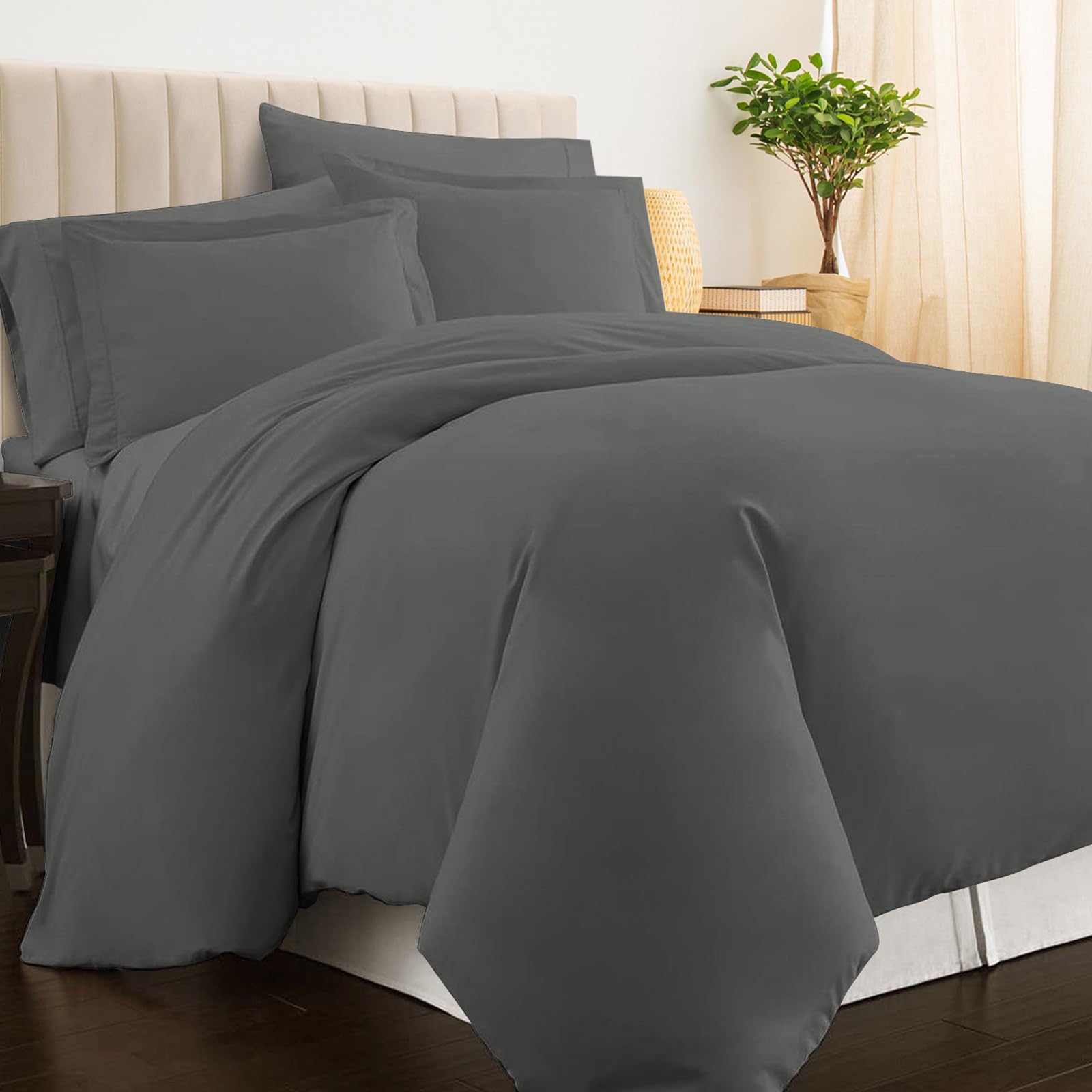 Pizuna 100% Cotton Double Duvet Cover Set Dark Grey, 400 Thread Count Long Stapl
