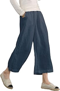 ECUPPER Women's Casual Loose Elastic Waist Cotton Trouser Cropped Wide Leg Pants