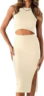 PRETTYGARDEN Women's Summer Midi Bodycon Dress Casual Crew Neck Side Slit Sleeveless Knit Cut Out Tank Top Dress