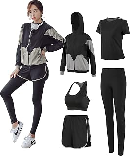 Women's Sportswear, Yoga Wear, Training Wear, Running Wear, Top and Bottom 5-Piece Set, Stretchy, Breathable, Sweat Absorbent, Quick Drying, Fitness, Jersey, Sports Bra, Long Tights, Hoodie