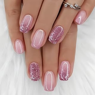 24pcs French Short Square Fake Nails Pink Gradient Press On Nails Elegant Glitter Acrylic Soft Gel Fake Nails Natural Reusable Full Cover Stick On Nails Manicure Decoration for Women Girls
