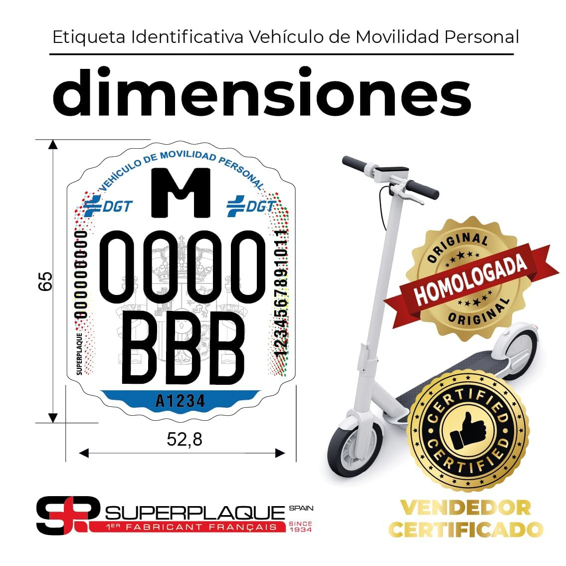 SUPERPLAQUE DEPUIS 1934 VMP DGT 2026 Approved Electric Scooter License Plate – P