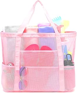 Mesh Beach Bags, XL Beach Bag with Zipper Pocket for Family Pool Bag and Holiday Essentials, Expandable Travel Bag