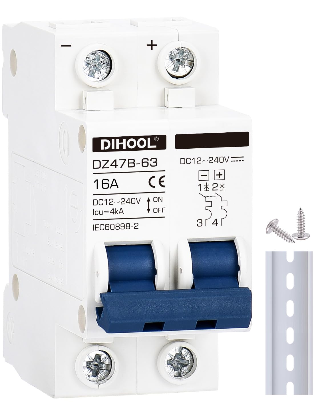 DC Circuit Breaker 2P 16Amp 12V 24V 36V 48V DC MCB Short Circuit Protection Disc