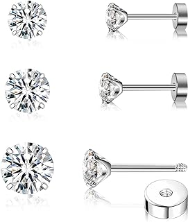 3 Pairs Cubic Zirconia Titanium Earrings - 3mm 4mm 5mm Flat Back Studs | Gold Silver Pink Black | Hypoallergenic Surgical Grade Titanium | Minimalist Jewelry Set | Gift Ready