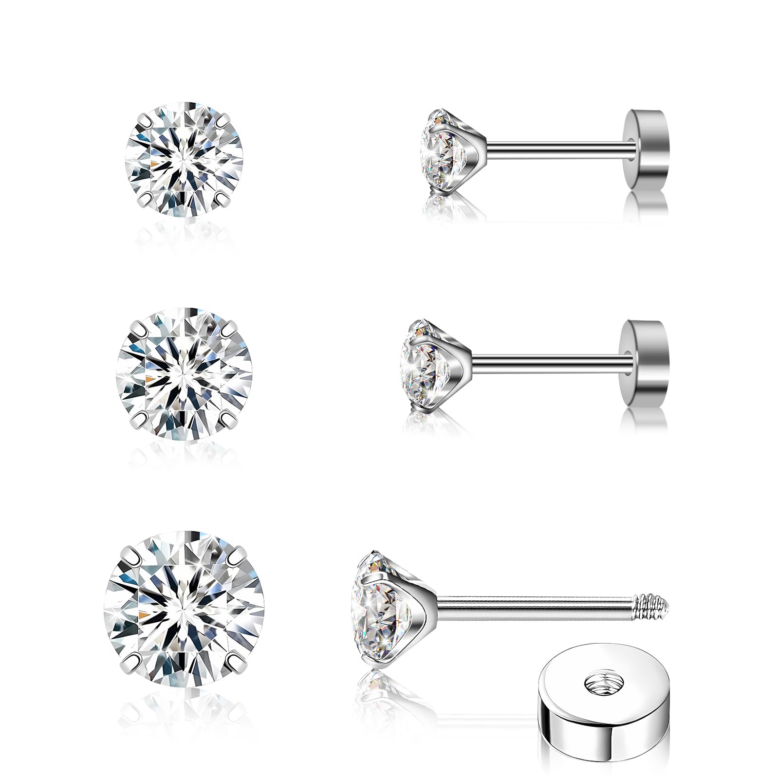 3 Pairs Cubic Zirconia Titanium Earrings - 3mm 4mm 5mm Flat Back Studs | Gold Si