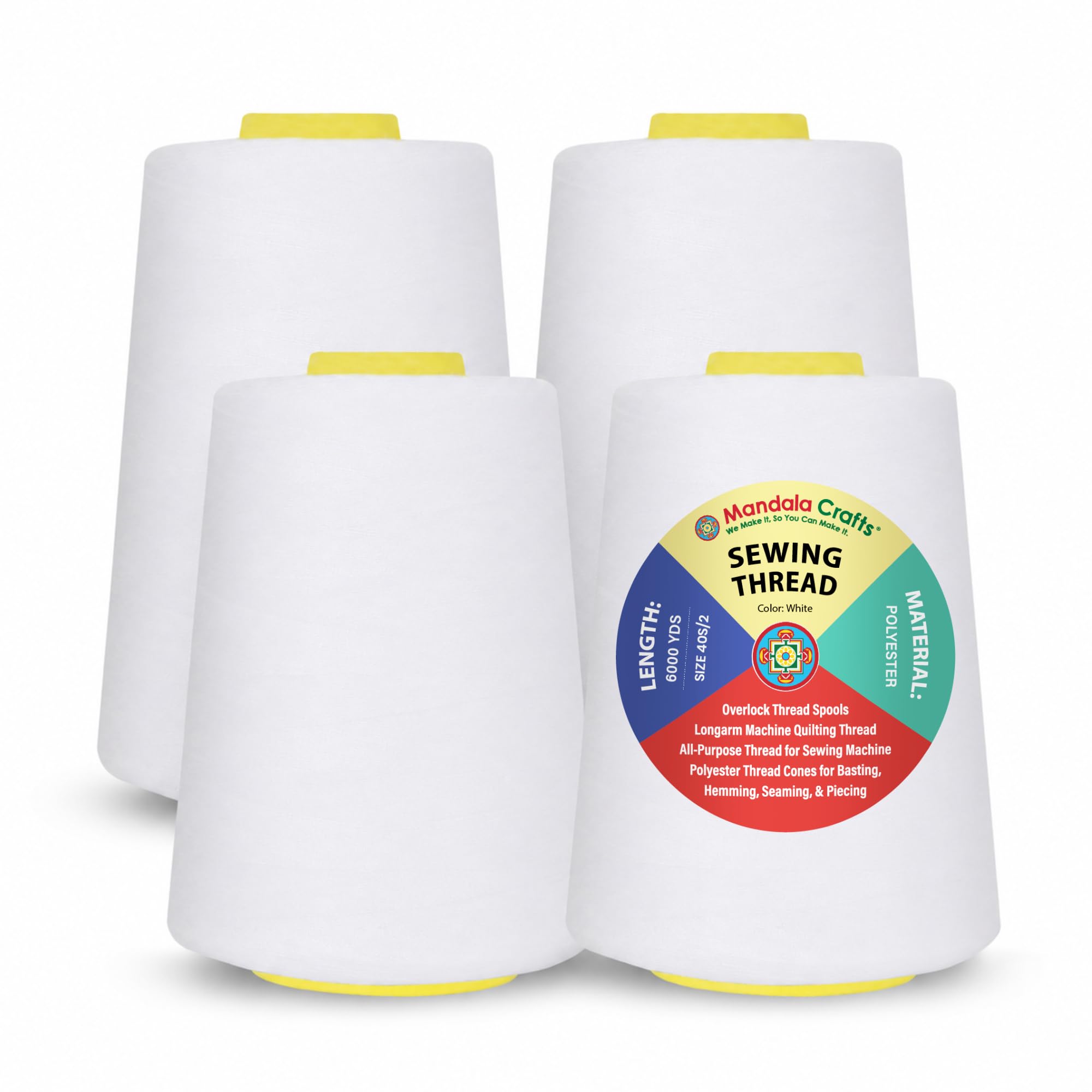 Mandala Crafts 40S/2 White Polyester 4 Pack of Serger Threads Cones | 24000 YDs 