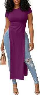 OPOIPIN Women's Crew Neck Split Slit Hem Short Sleeve Slim Fit Tee Top Long Shirt Tunic