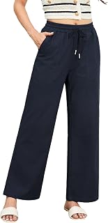 Enmain Women's Summer Linen Trousers Elastic Waist Casual Lightweight Loose Pants with Pockets for Holiday Beach or Walking