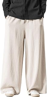 Flygo Mens Linen Casual Wide Leg Baggy Pants Summer Cotton Elastic Waist Yoga Beach Palazzo Pants