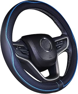 Istn Microfiber Leather Car Steering Wheel Cover Universal 15 inch/38cm Breathable Anti-slip Protector for Auto/SUV (Black Blue,14.5-15")