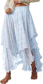 Yimoon Women Floral Lace Long Skirt Elastic Asymmetric Layered See Through Maxi Skirt Sexy Sheer Flowy Beach Skirt
