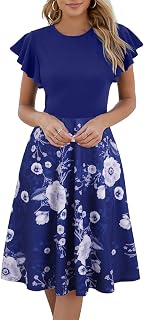 Women's Ruffle Short Sleeve Fit and Flare Dress Semi Formal Cocktail Dresses with Pockets DJ842