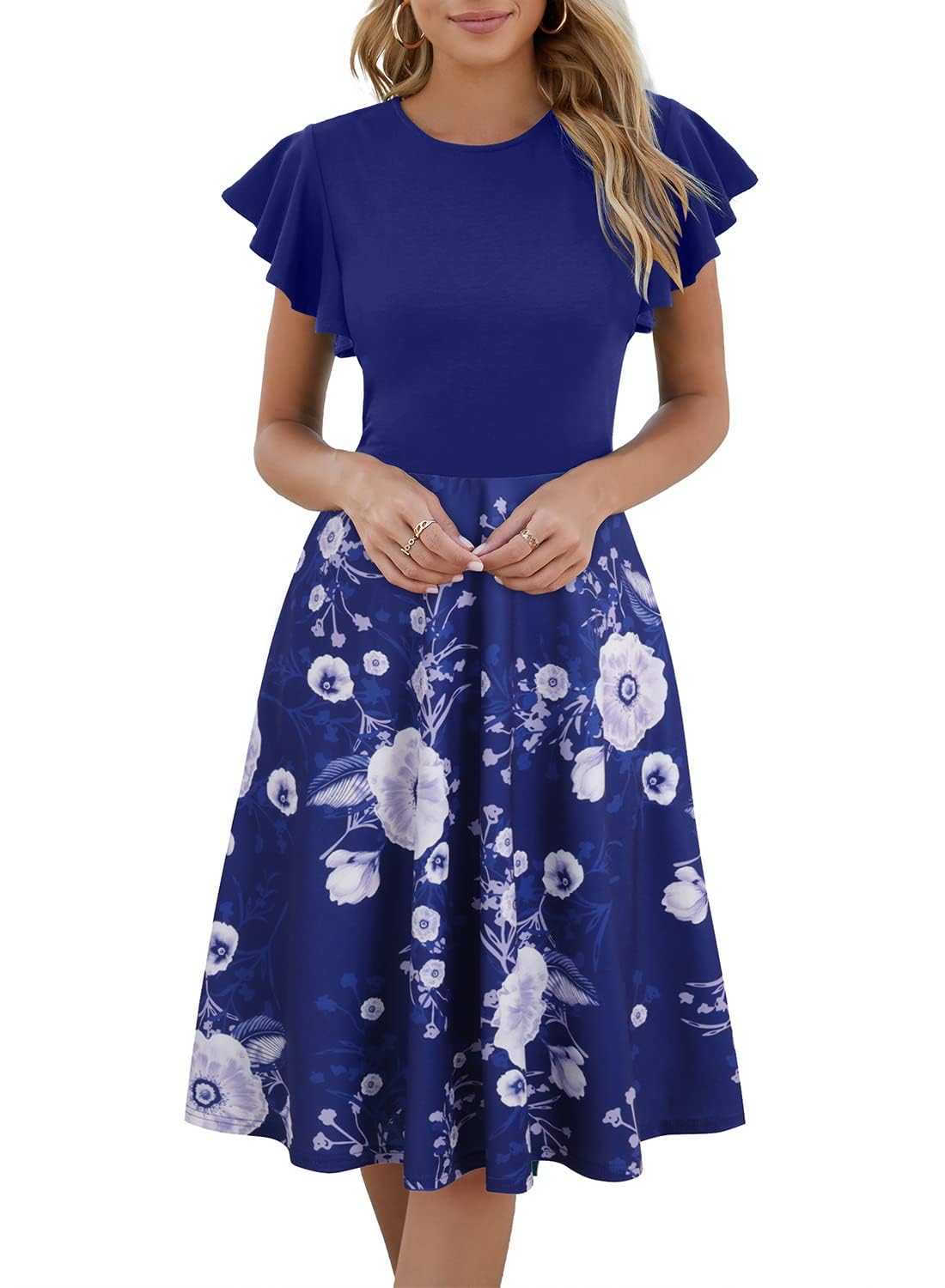 Women's Ruffle Short Sleeve Fit and Flare Dress Semi Formal Cocktail Dresses wit