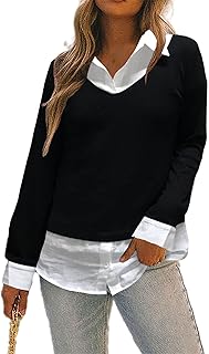 Oyamiki Women's Classic Collar Curved Hem 2 in 1 Knit Pullover Plaid Contrast T-Shirt Top