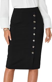 LYANER Women's Basic High Waist Pencil Bodycon Button Knee Length Straight Office Midi Skirt