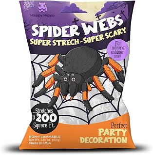 Happy Hippo Halloween Spider Web Decoration, 200 Square Feet & Plastic Spiders, Halloween Party Supplies, Spider Webs (Small, 200 Sq Feet) (8 Fake Spiders Included)