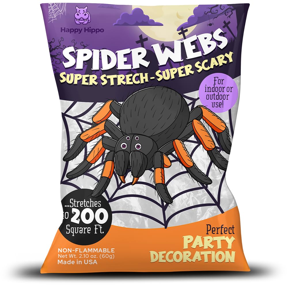 Happy Hippo Halloween Spider Web Decoration, 200 Square Feet & Plastic Spiders, 