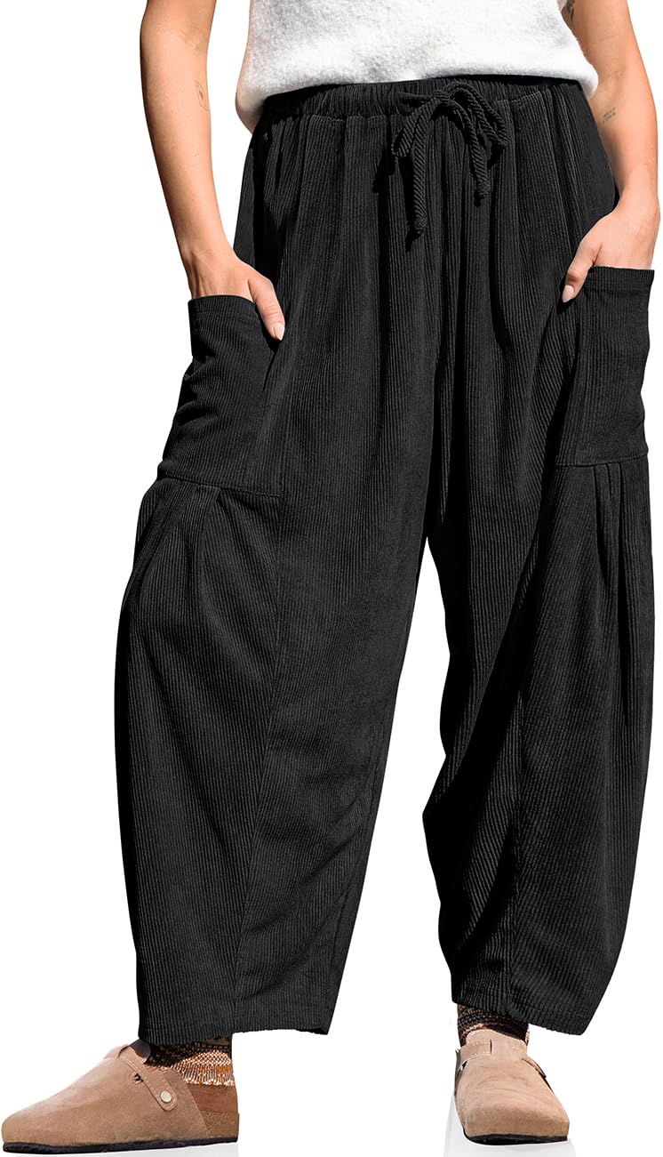 TARSE レディース コーデュロイ バレルパンツ ドローストリング ワイドレッグパンツ ポケット付き