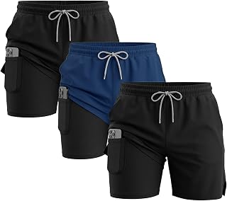 3 Pack Men's Running Shorts with Compression Liner - 5" Gym Athletic Workout Shorts for Men with Zipper Pockets