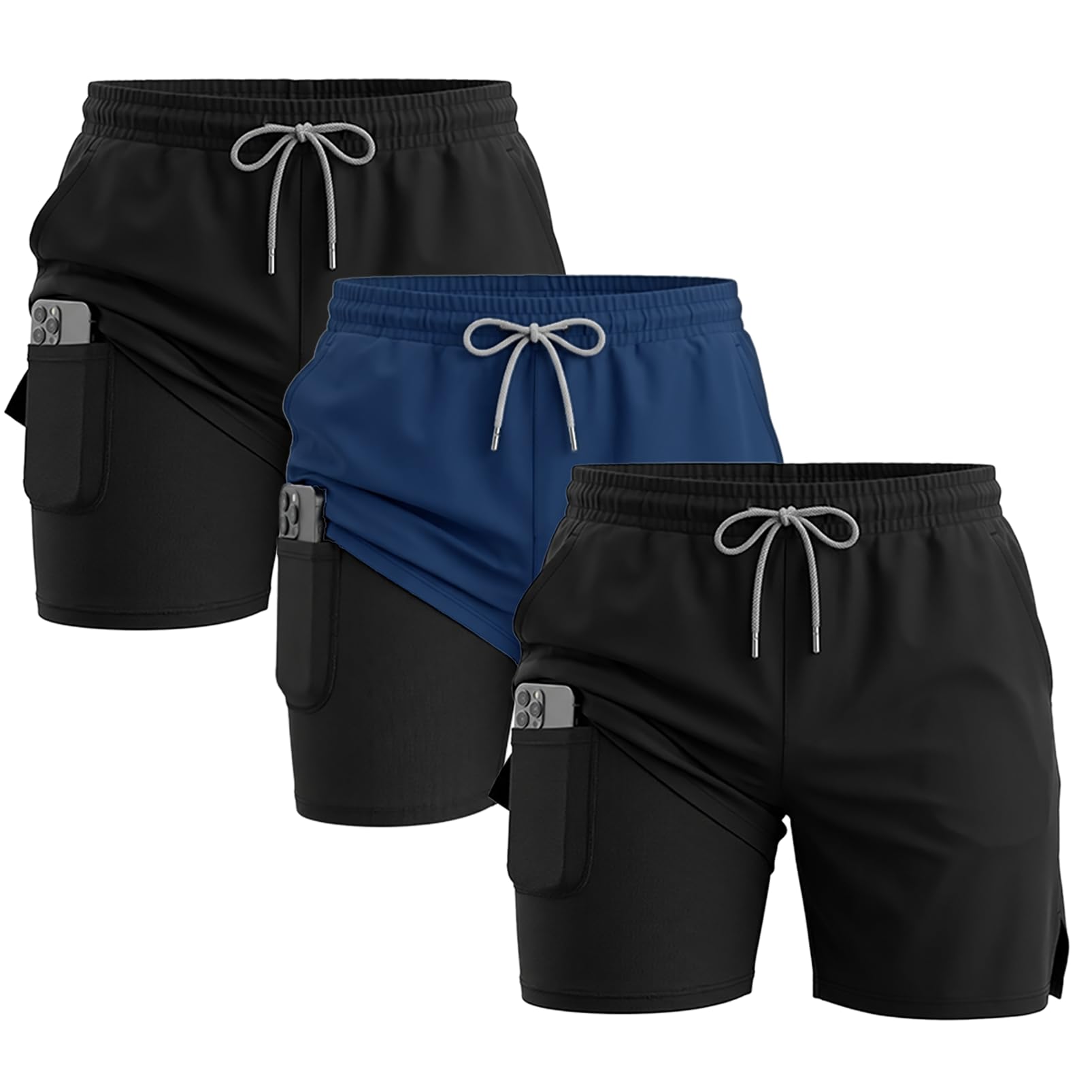 3 Pack Men's Running Shorts with Compression Liner - 5" Gym Athletic Workout Sho