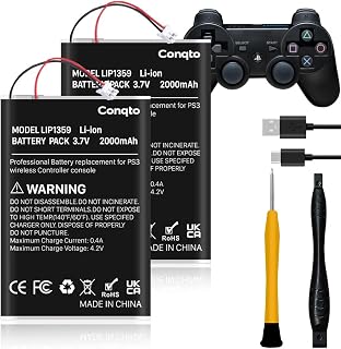 Conqto (2 Pack) Battery for PS3 Controller, (2000mAh) 2026 Upgraded High Capacity Batteries for Sony PlayStation 3 Dualshock 3 CECHZC2E CECHZC2U Controller with USB Cable and Repair Tool Kit