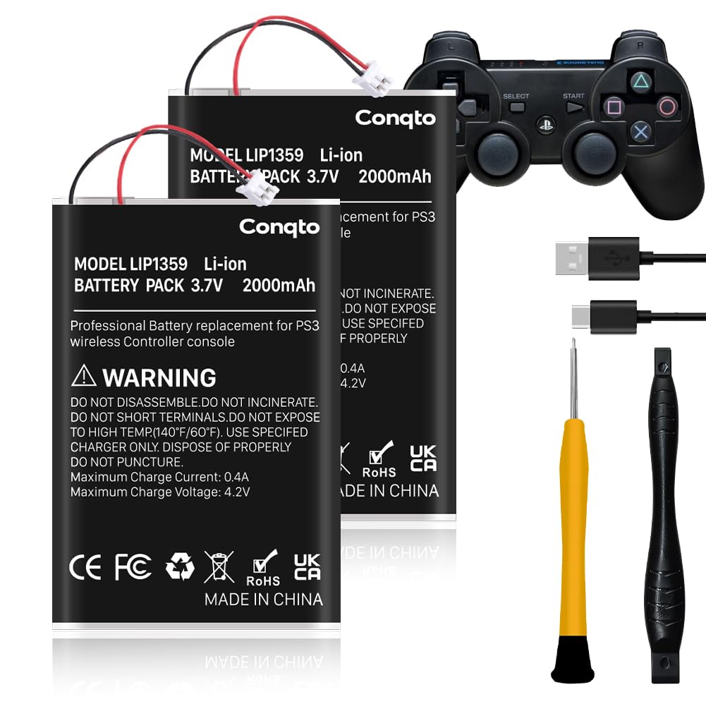 Conqto (2 Pack) Battery for PS3 Controller, (2000mAh) 2026 Upgraded High Capacit