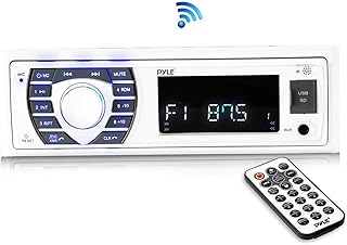 Pyle Marine Bluetooth Stereo, Single DIN Boat Radio, AM/FM Marine Stereo Receiver with Hands-Free Calling, USB, Micro SD, AUX Input, Rear RCA Output, 300W, Remote Control, White