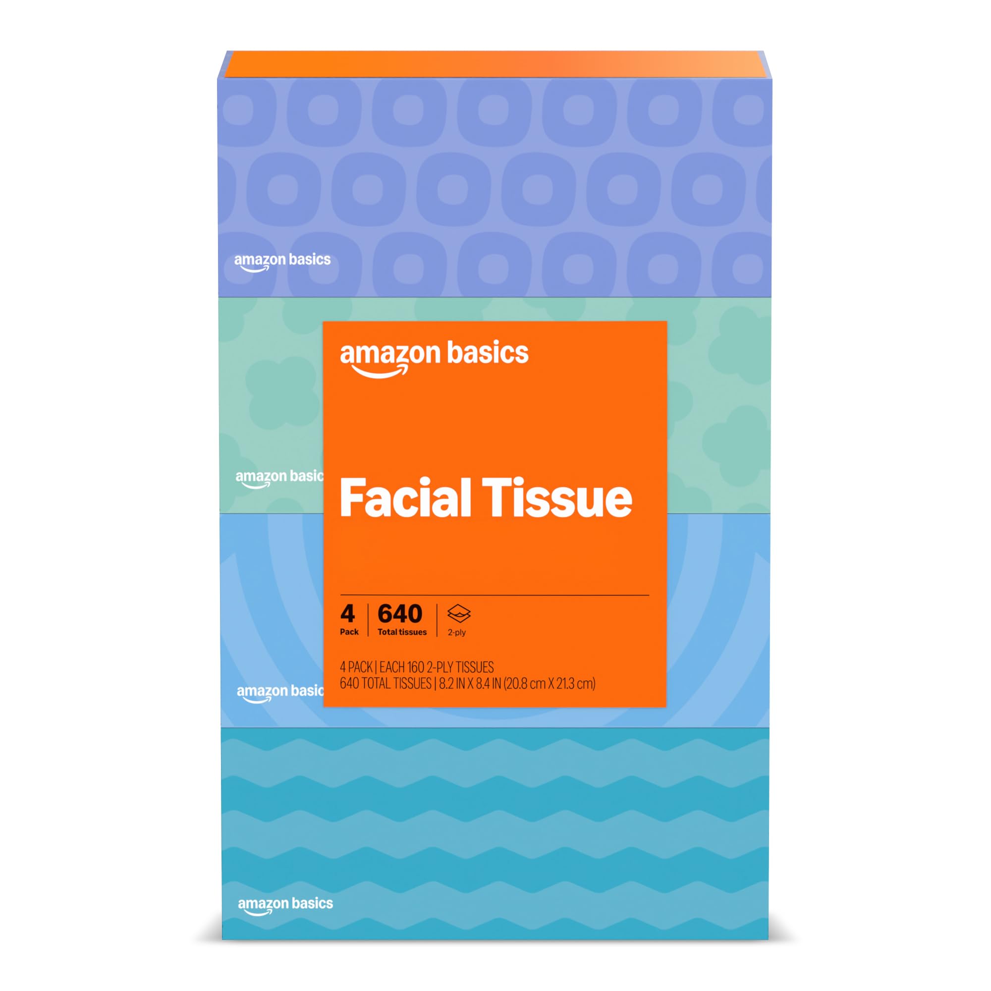Amazon Basics Facial Tissue, 2-Ply, 640 Count (4 Packs of 160), (Packaging may v