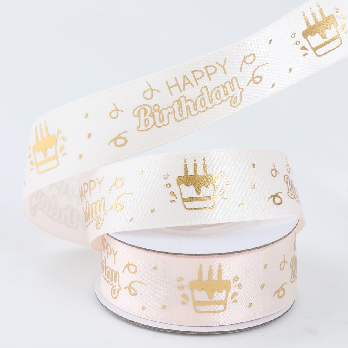 1 Roll White Happy Birthday Ribbon 5 Yards 0.75" Wide Gold Foil Print Ribbon Cak