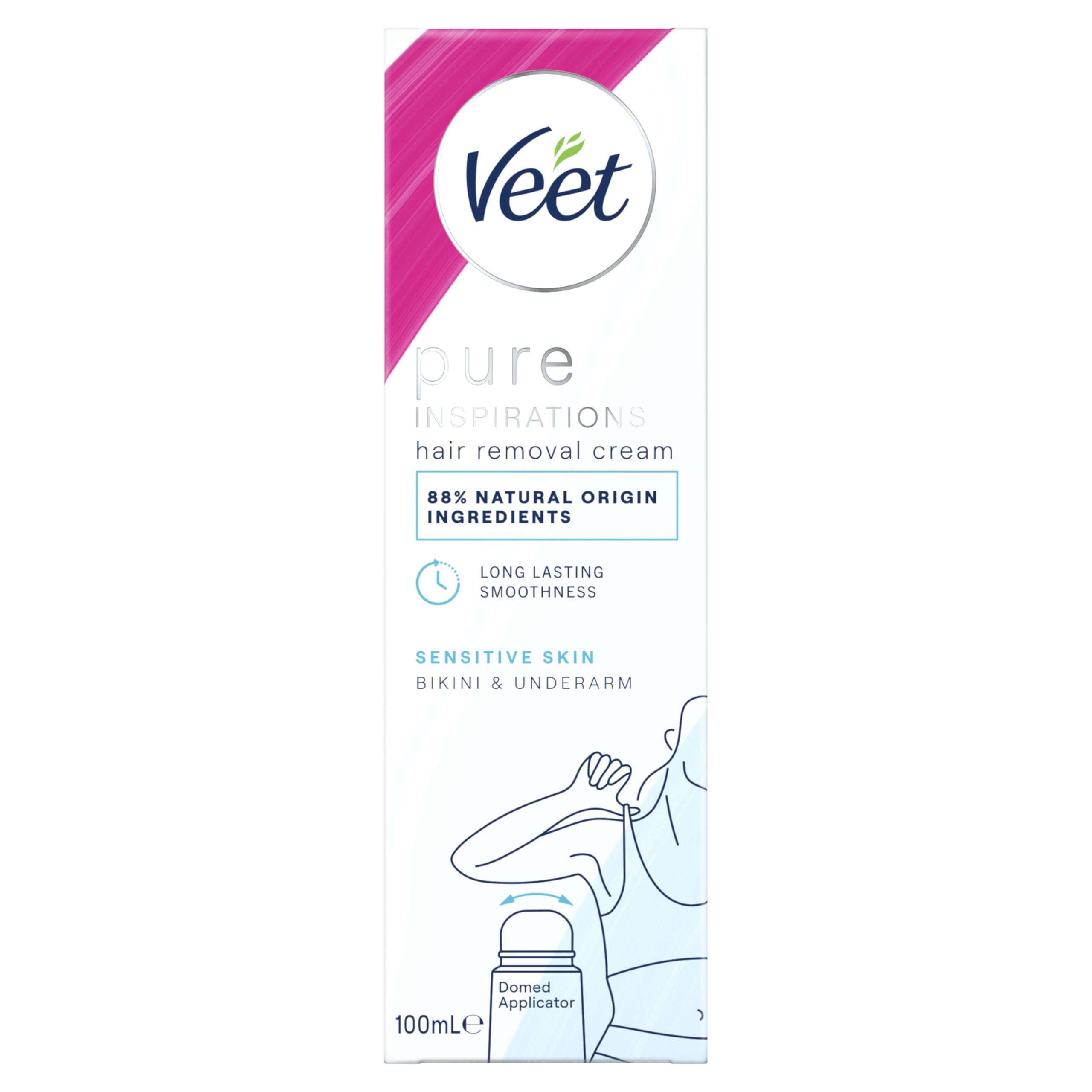 Veet Pure Bikini & Underarms Hair Removal Cream, 100ml, Sensitive Skin